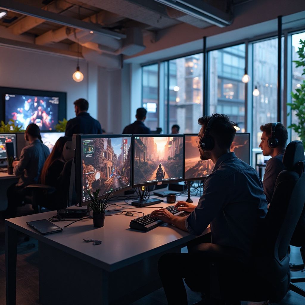 GameVerse office with team members collaborating
